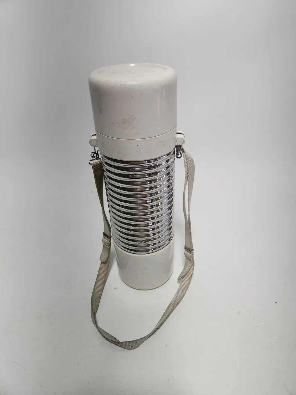 Vintage Nissan Vacuum Flask Thermos White Chrome Insulated Bottle w/ Carry Strap